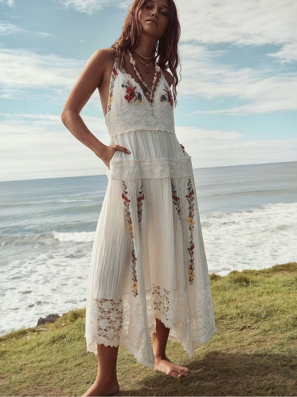 Free People Keila Embroidery & Lace White Cotton Halter Dress L